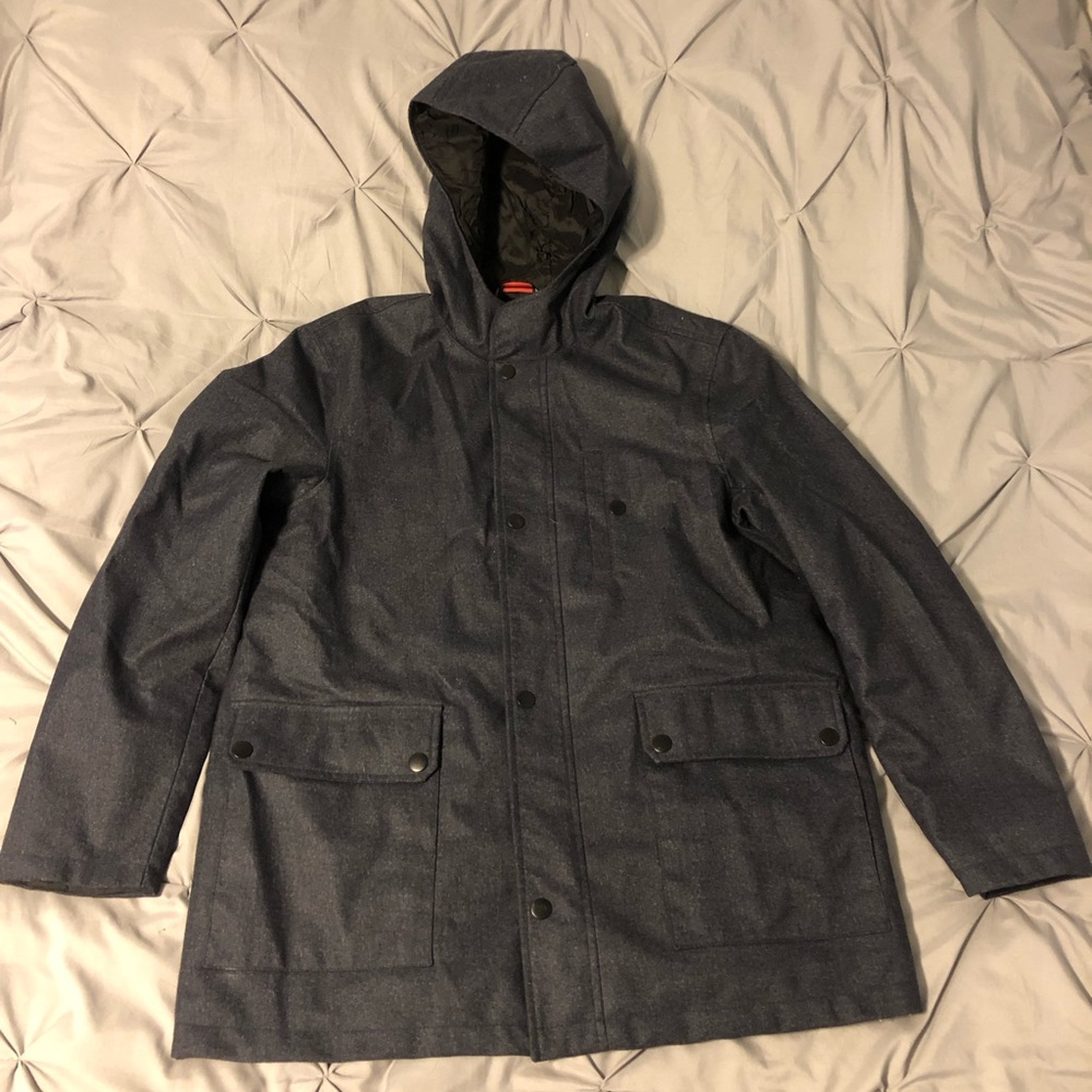 Gorgeous men’s Kenneth Cole dark navy grey hooded jacket. Full zip sz Large EUC